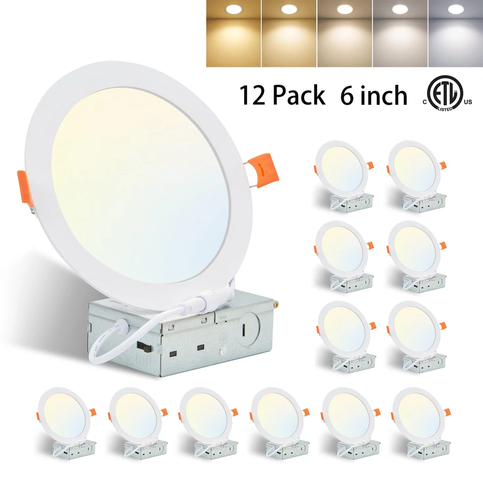 12 Pack 6 Inch 5CCT Recessed Dimmable LED Ceiling Panel Light with Junction Box - Image 1 of 4