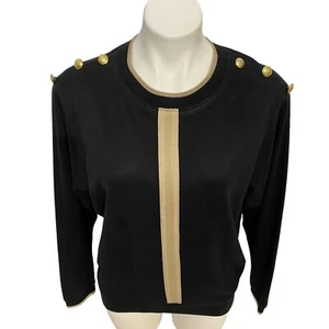Cathy Daniels Sweater Women Medium Black Tan Stripe Shoulder Buttons Work Office - Picture 1 of 10