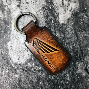 Handmade leather keychain with Honda Wing logo in Brown. 1EA - Picture 1 of 9