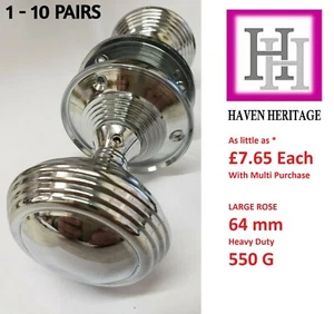 Door Knob Polished Chrome Queen Anne Reeded  Door Handles LARGE ROSE PLATE - Picture 1 of 21