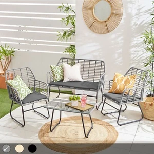 Neo Garden Rattan Furniture Wicker Bamboo Style Cane Chair Table Cushion 4 Piece - Picture 1 of 42