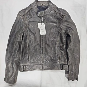 NEW ZARA LEATHER GRAY DISTRESSED PADDED BIKER MOTO MOTORCYCLE JACKET - Picture 1 of 4