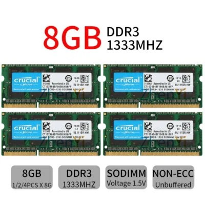 32GB 16GB 8GB DDR3 1333MHz PC3-10600S 2Rx8 SODIMM Laptop RAM For Crucial Lot UL - Image 1 of 4