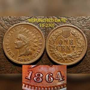 RARE "REPUNCHED DATE 2" 1864 1C L ON RIBBON INDIAN HEAD CENT FS-2305 CPG ERROR! - Picture 1 of 10