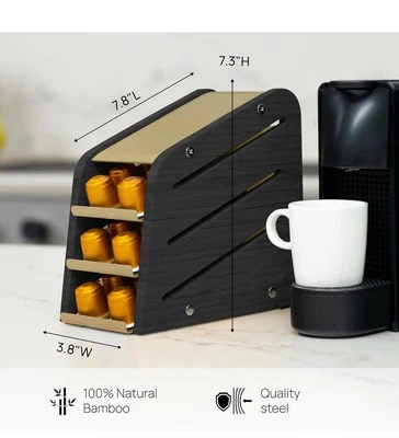 Soporte para cápsulas de café de madera Ibyx para Nespresso de 3 niveles, bambú negro, marco dorado Foto 1 de 3