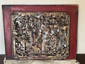 Antique Chinese intricate Handcarved Gilded 3D doublesided historical wood Panel - Picture 1 of 14