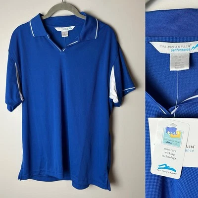NUEVO Polo Tri-Mountain Performance Talla Mediana Azul Blanco Mangas Cortas Foto 1 de 4