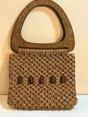 Bolso de Mano Macramé Boho Yute Años 70 De Colección Mango de Madera Retro Mod Damas Bolso Foto 1 de 4