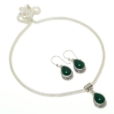 绿色玛瑙 925 镀银手工项链和耳环 18 件套 — 第 1/3 张图片