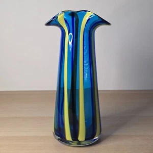 Murano Glass Vase Italy Cobalt Blue Yellow Stripe Tall Retro Pop Art Vintage - Picture 1 of 9