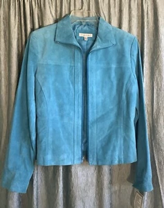 Chaqueta Yvonne Marie Mujer Talla 4 Azul Turquesa Cuero Gamuza Cremallera Completa Forrada Nueva con Etiquetas - Imagen 1 de 9