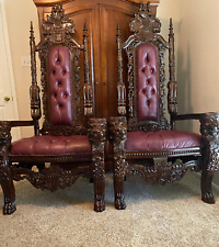 Massive Pair Carved Lion Head Throne Chairs Carved Antique Reproduction