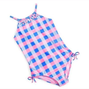 Breaking Waves Girls One-Piece Gingham Print Pink Blue Check Swimsuit Size 16 - Picture 1 of 9