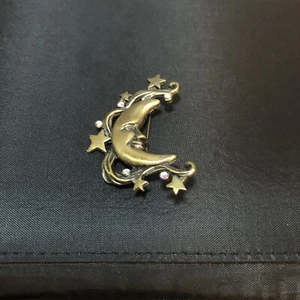 Signed DD Crescent Moon Dark Goldtone Brooch Rhinestone Pin - Picture 1 of 8