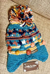 CHILD NWT MATILDA JANE Girl KNIT POM POM Hat M fleece lined GREEN BLUE CAP - Picture 1 of 6