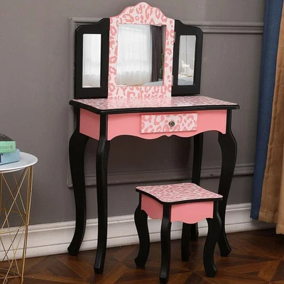 Kids Vanity Table Set Makeup Dressing Table Gifts For Girls Stool Mirror Pink - Image 1 of 4
