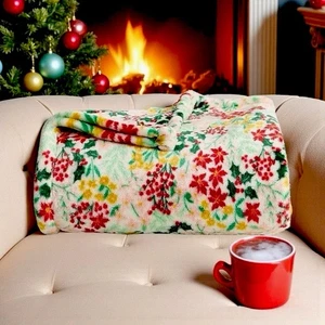 Throw Blanket Christmas Holiday Floral Plush Oversized 60x72 - Picture 1 of 2