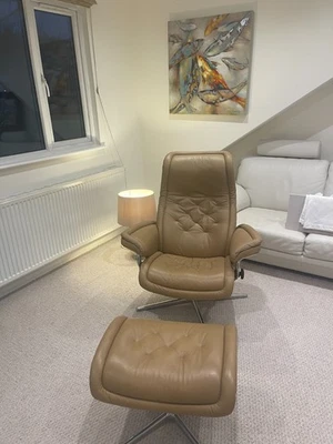 Stressless by Ekornes Royal Recliner with footstool in Paloma Almond Leather  - Image 1 of 4