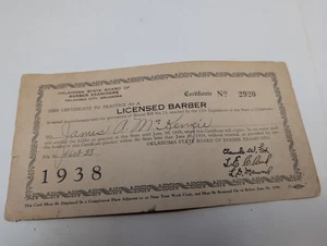 Certificado de Barbero con Licencia Oklahoma Nº 2920 De Colección 1938  - Imagen 1 de 2