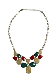 Lux Accessories Red Green White Flower  Stone Gold Tone Necklace 21” Long Boho - Picture 1 of 10