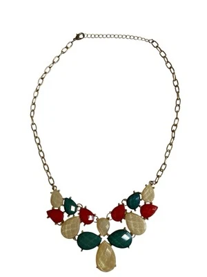 Lux Accessories Red Green White Flower  Stone Gold Tone Necklace 21” Long Boho - Image 1 of 4