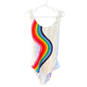 Milly Minis One Piece Swimsuit White Wavy Rainbow Stripe Made in USA Size 12 - Picture 1 of 9