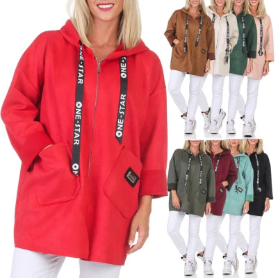 Damen leichte Sweatjacke Hoodie Zipper lang Kapuze uni Parka Übergang Mantel - Bild 1 von 4