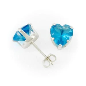 7mm Heart CZ 'Zircon Blue' Post Stud Earrings in SOLID Sterling Silver - NEW! - Picture 1 of 8