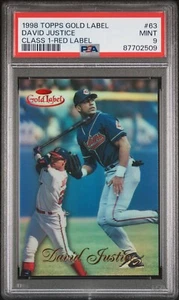 David Justice 1998 Topps Gold Clase 1 etiqueta roja 044/100 PSA 9 como nuevo #63 indios - Imagen 1 de 2