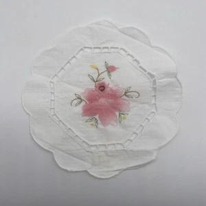 Vintage Handmade Embroidered Doily White Pink Floral Pattern - Picture 1 of 4