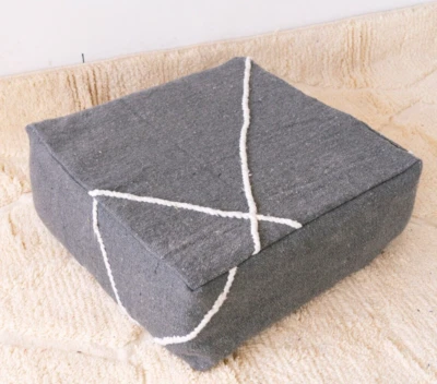 24x24 Moroccan Handmade Pouf Berber Kilim Rug Dark Grey Floor Cushion Footstool - Image 1 of 4