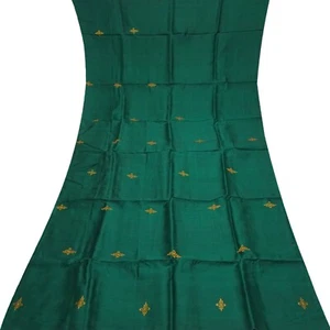 Vintage Green 100% Silk Handloom Embroidered Sari Remnant 5YD Craft Fabric Scrap - Picture 1 of 4