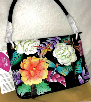 Anuschka Anna NUEVO CON ETIQUETAS🌸Top Cremallera Convertible Hobo/Embrague-Libélulas Mágicas Negro Foto 1 de 4