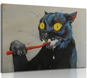 Funny Black Cat Brushing Teeth Canvas Wall Art Vintage Bathroom Cat Painting ... - Picture 1 of 7