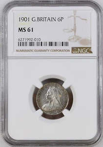 1901 UK Great Britain 6 Pence Victoria -last year - Coin Uncirculated NGC MS 61 - Picture 1 of 3