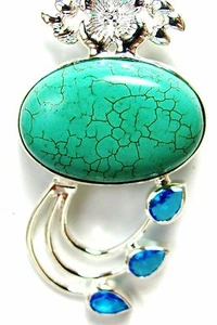 Pendant Flower Turquoise Pendant Sterling Silver 3 Blue Quartz Stones Necklace - Picture 1 of 6
