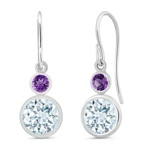 925 Sterling Silver Aquamarine and Amethyst Leverback Dangle Earrings For Women - Picture 1 of 2