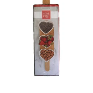 3 Heart Ceramic Bowls with Bamboo Tray Appetizers Dips Snacks Creative Home - Picture 1 of 6