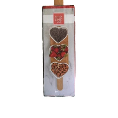 3 Heart Ceramic Bowls with Bamboo Tray Appetizers Dips Snacks Creative Home - Image 1 of 4