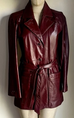 Chaqueta de cuero con cinturón Etienne Aigner años 70 Oxblood - Abrigo vintage para mujer talla 6 Foto 1 de 4