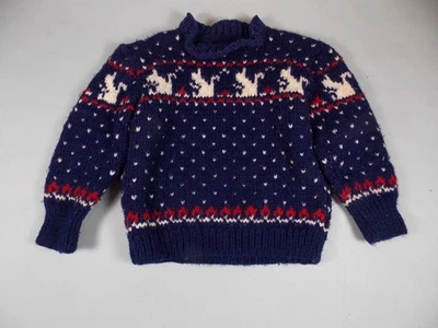 Child’s Handmade Sweater Made in Portugal  Blue ,white, red, dog figures - Image 1 of 3
