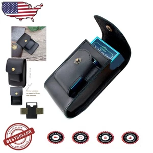 Cowhide Leather Cigarette Case - 20 Cigarettes, Lighter Pocket, Black - Picture 1 of 10