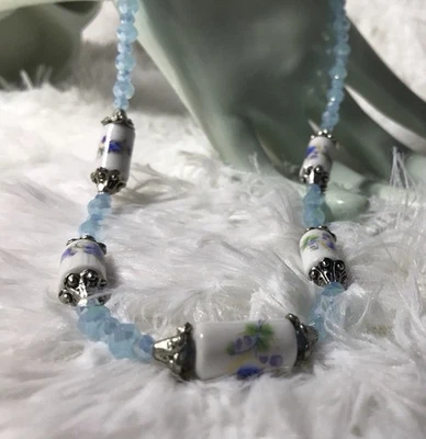 Gorgeous Necklace, Baby Blue Crystal Bead And White Ceramic Floral Design Beads - Image 1 of 2