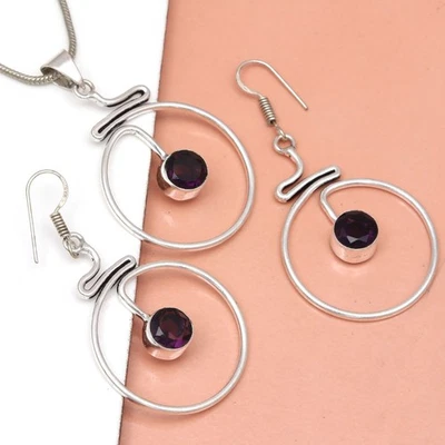 Set Amethyst Pendant Earrings Girls  Earring Necklace Sterling - Image 1 of 4