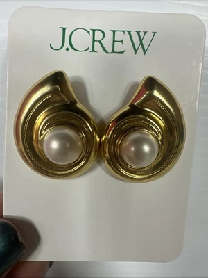 J.Crew Round Pearl Stud Earrings in Shiny Matte Gold Brass CK436 New with Tags Foto 1 de 4