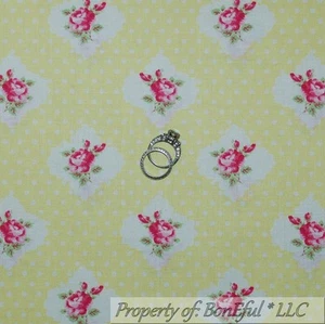BonEful FABRIC FQ Cotton Quilt Yellow White Pink Swiss Dot Rose*Bud Flower Girl - Picture 1 of 12
