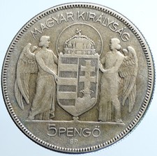 1930 HUNGARY Admiral Miklos Horthy Antique Silver 5 Pengo Hungarian Coin i109794