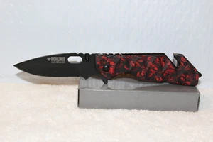 SKULL SKULLS ZOMBIE SPRING ASSISTED KNIFE WITH BELT CLIP ( RED ) - Picture 1 of 3
