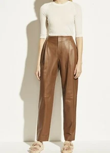 Vince Leather Pants Fawn Pleat Tapered Leg High Waist Brown Size US 8 NWT $1195 - Picture 1 of 6