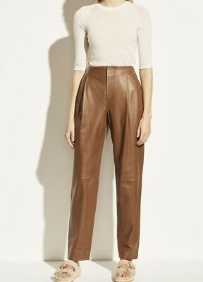 Pantalones de cuero Vince para mujer plisados cervatillo pierna cónica cintura alta marrón EE. UU. 8 NUEVOS CON ETIQUETAS $1195 Foto 1 de 4